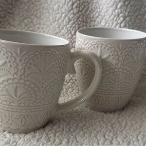 Elama Elegant Ivory Embossed Ceramic Mug - Set of 2